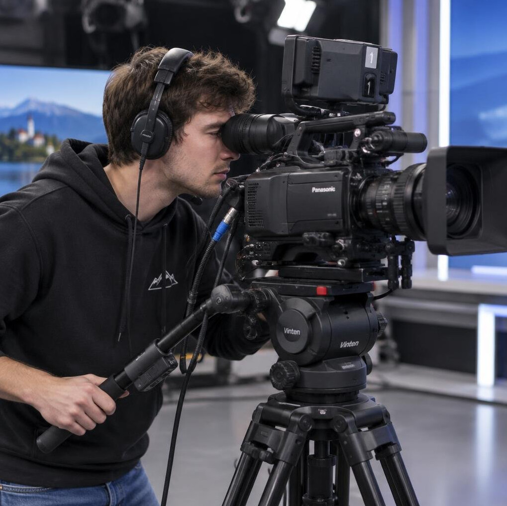 Camera operator filming with a professional broadcast camera