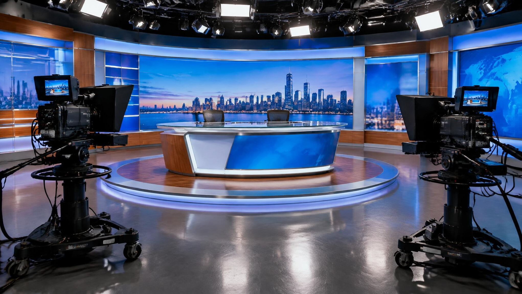 Empty television studio with bright lights before a broadcast