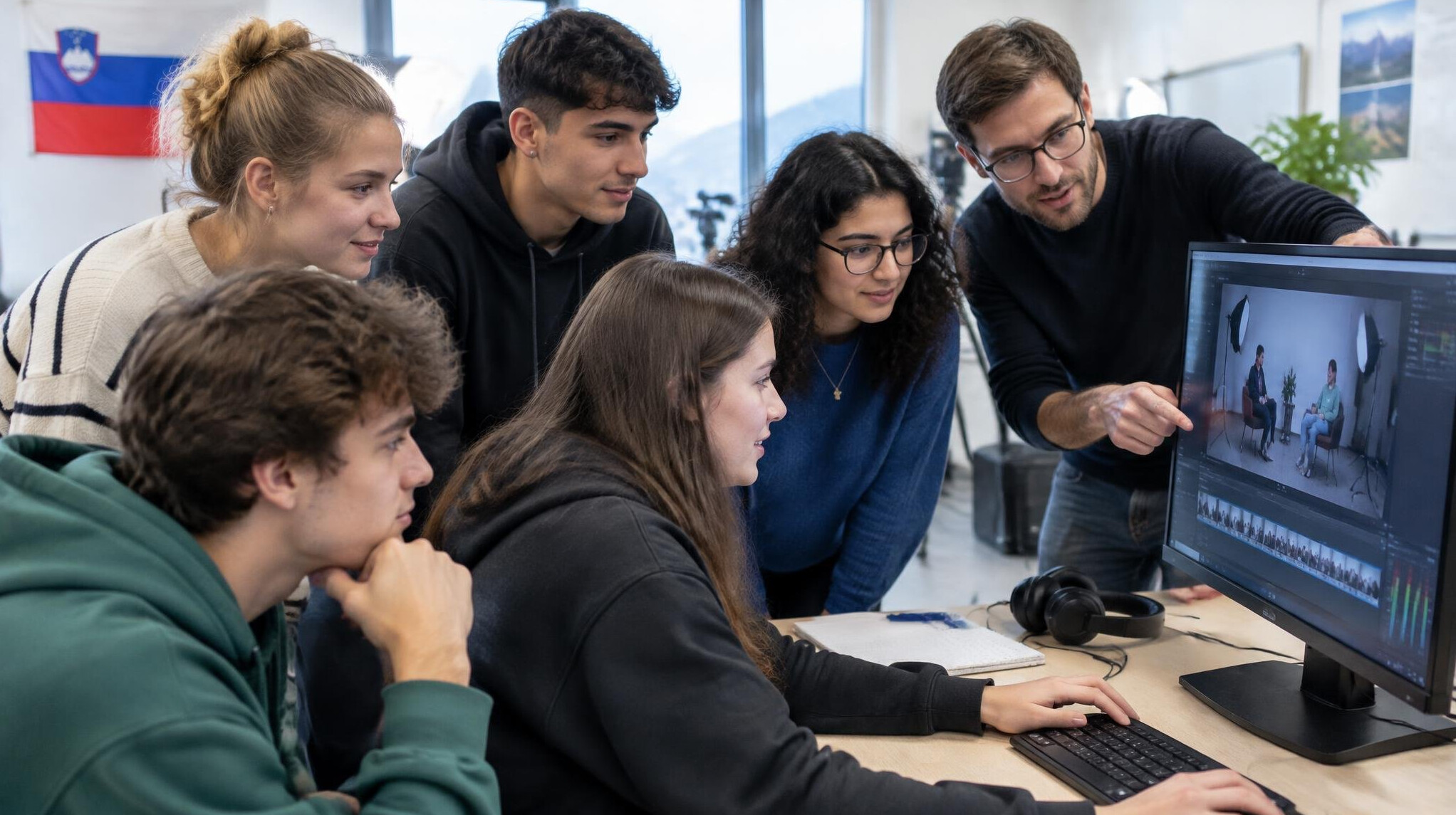 Group of students reviewing footage on a monitor