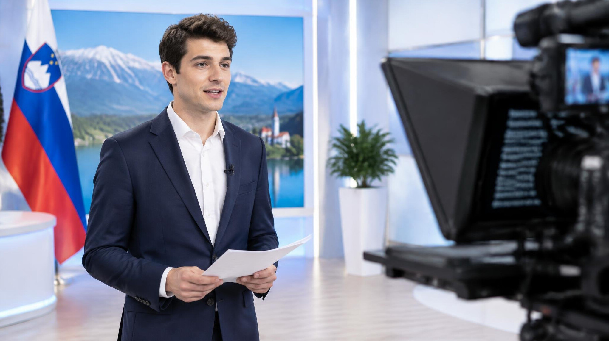 Presenter rehearsing lines in front of a camera and teleprompter