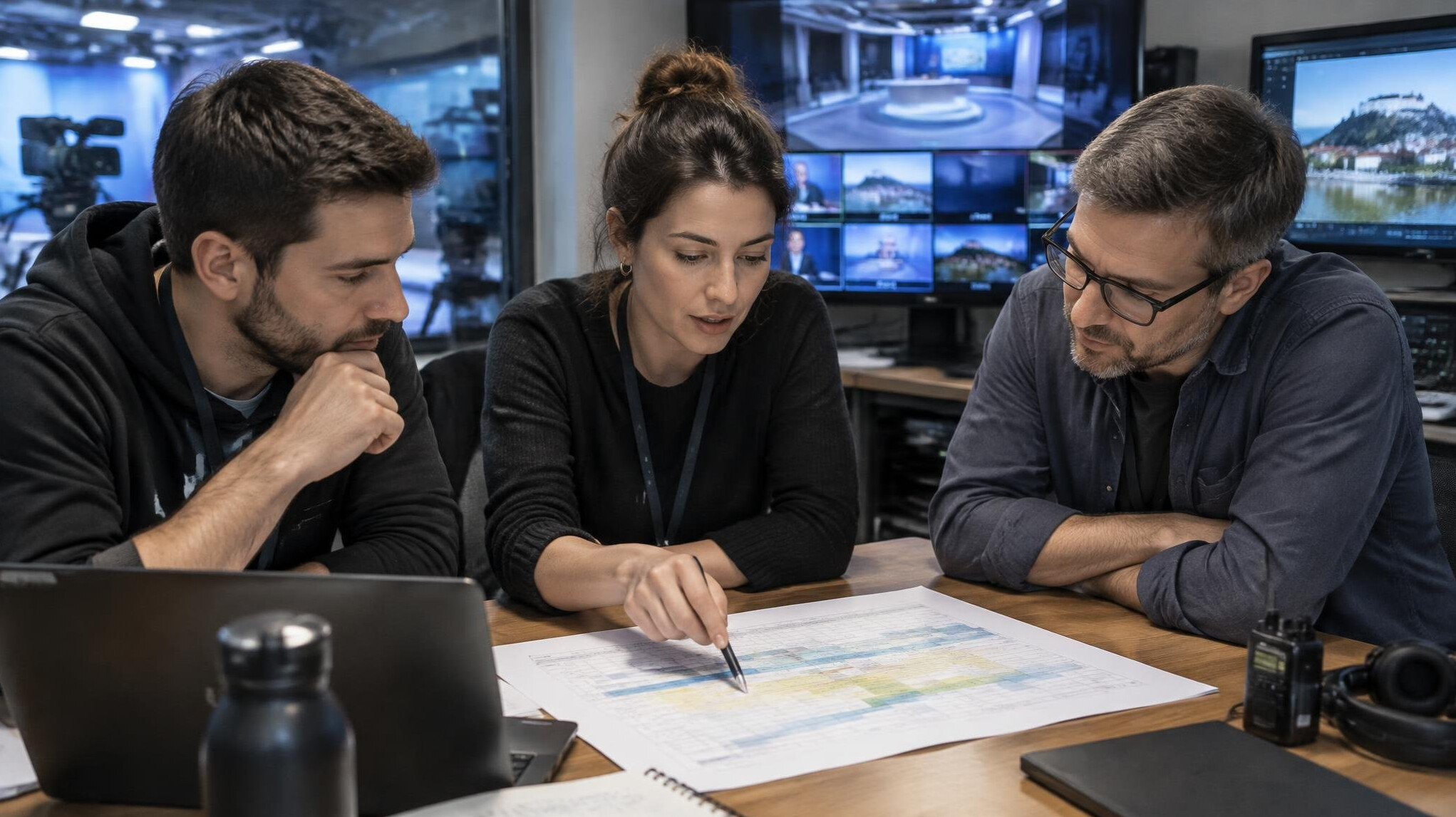 Production team planning a studio broadcast schedule